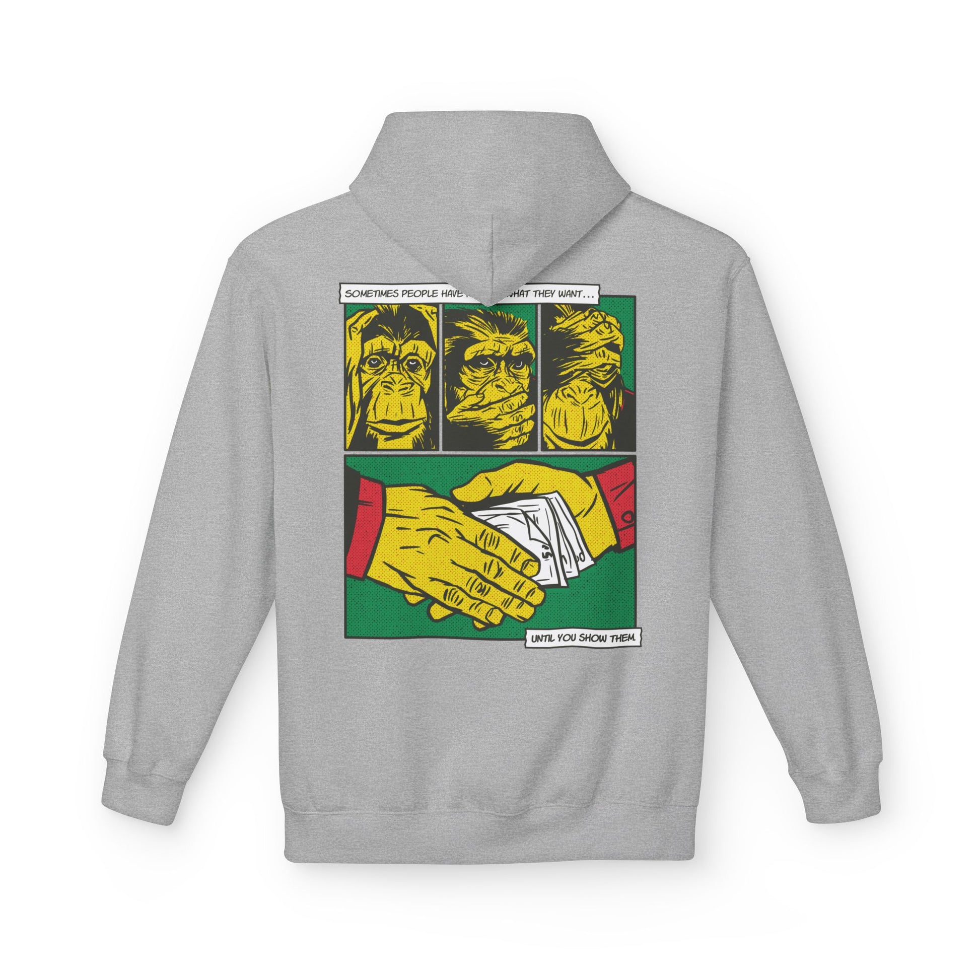 Grauer Unisex Hoodie mit Comic-Mafia-Back-Print der drei Affen in kontrastreicher Illustration