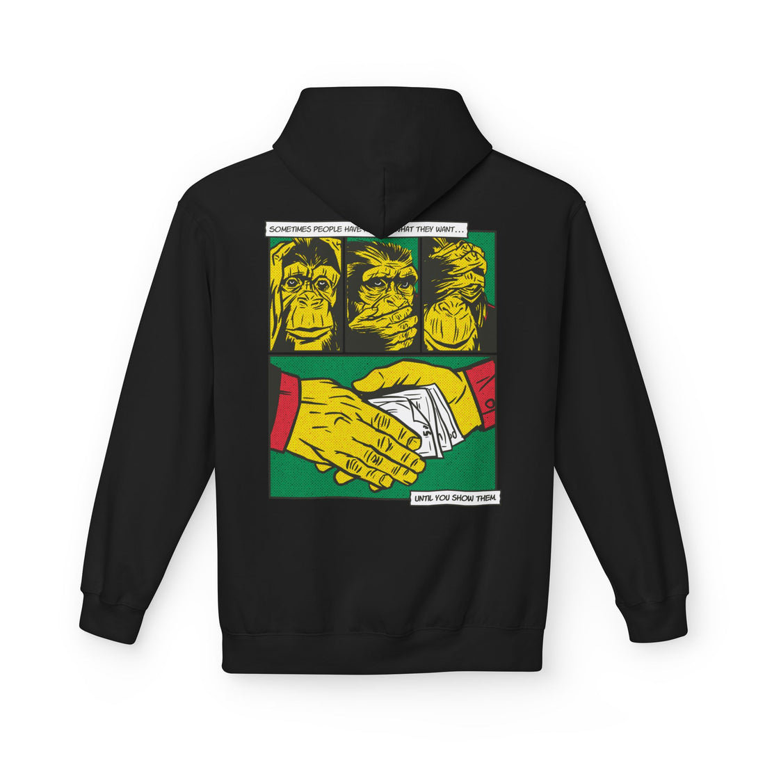 Schwarzer Unisex Hoodie mit Comic-Mafia-Back-Print der drei Affen und Geldmotiv im markanten Illustrationsstil