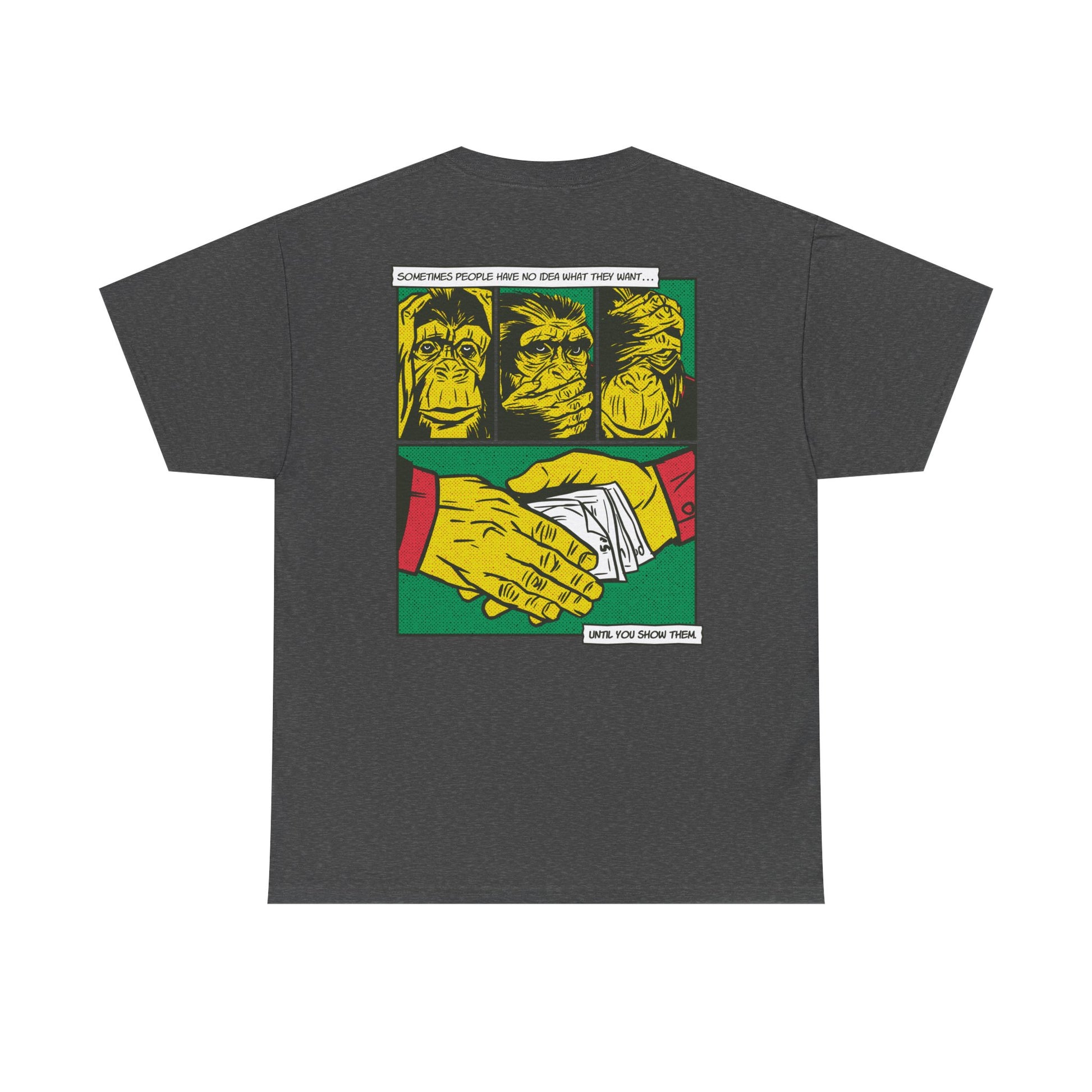 Dunkelgraues Unisex T-Shirt mit Back Print der drei Affen im Comic-Mafia-Stil