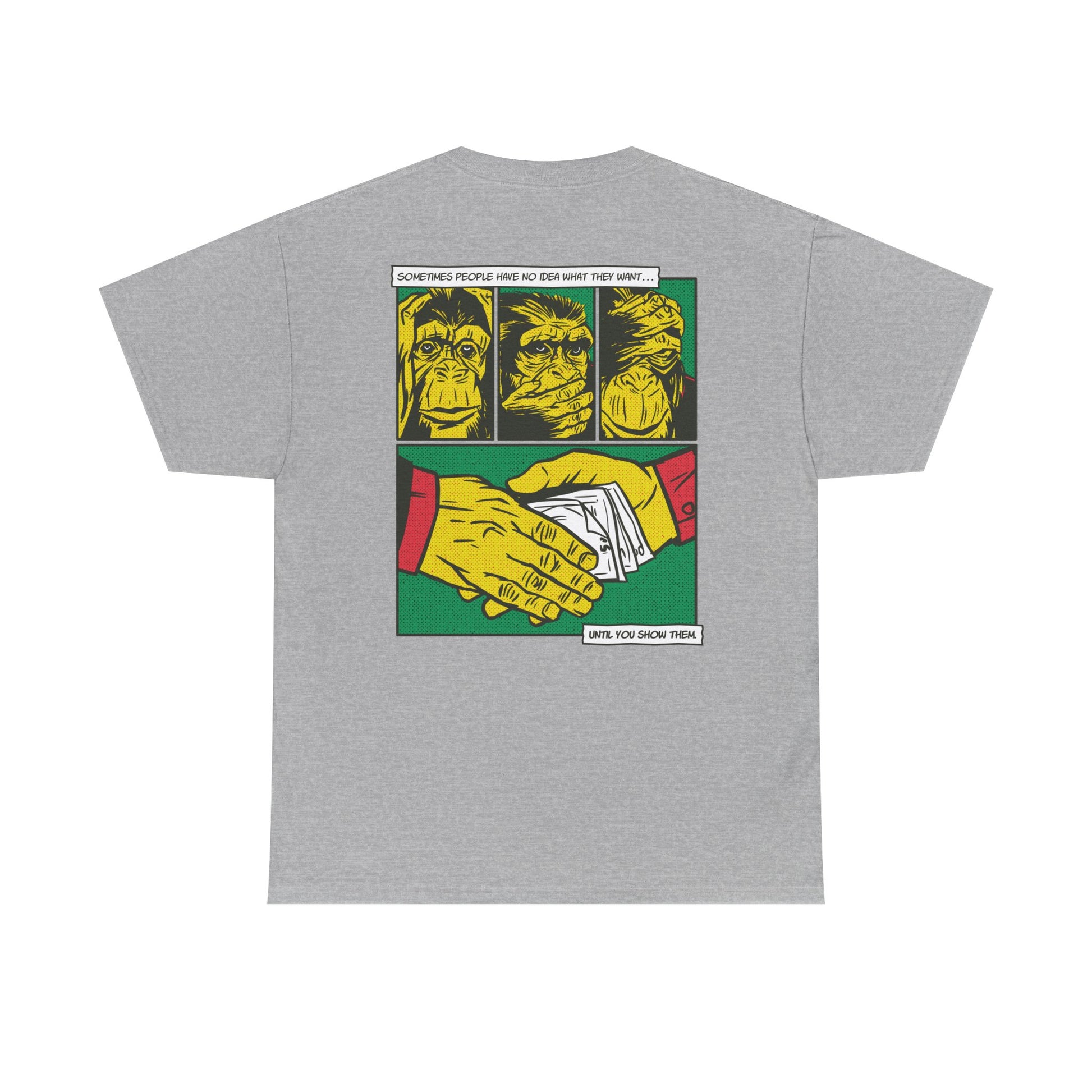Graues Unisex T-Shirt mit Back Print der drei Affen im Comic-Mafia-Stil