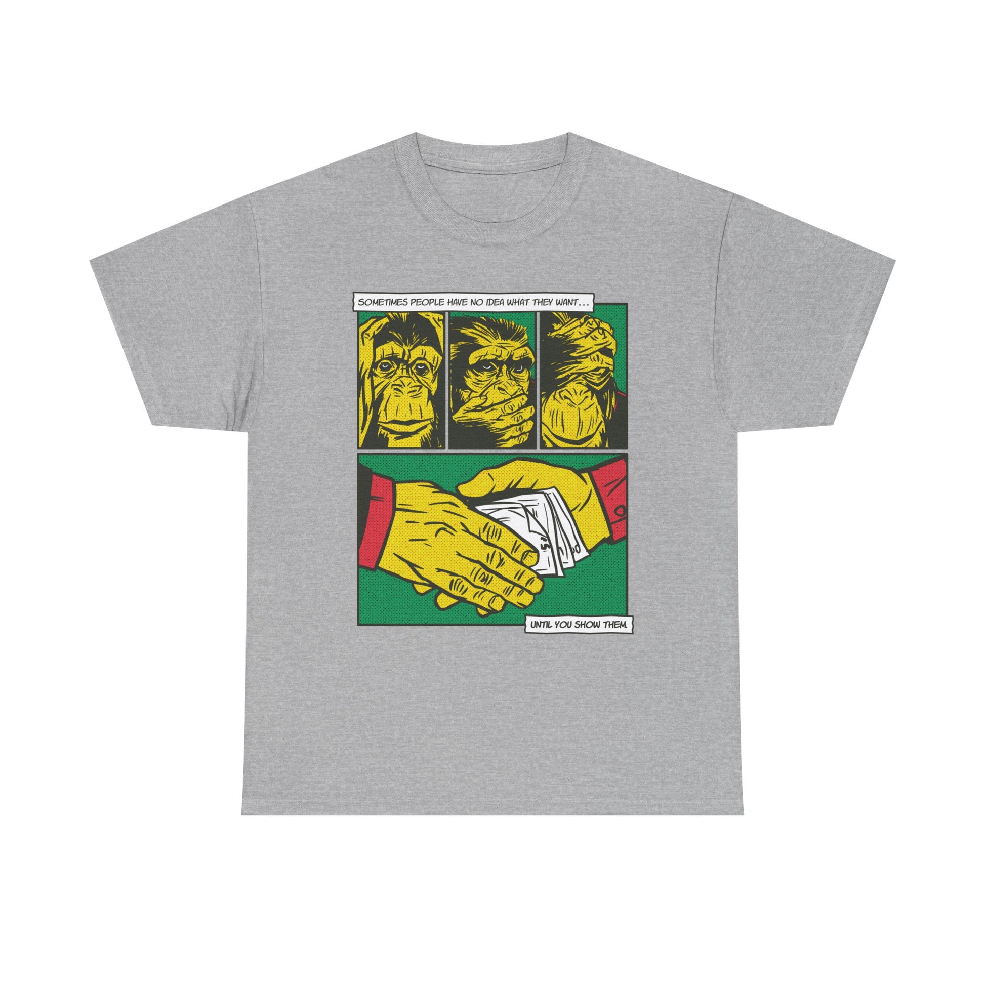 Graues Unisex T-Shirt mit Front Print eines Comic-Mafia-Designs der drei Affen