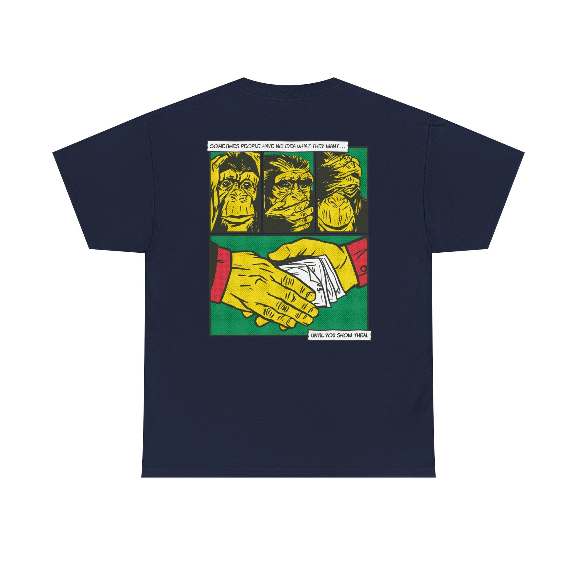 Marineblaues Unisex T-Shirt mit Back Print der drei Affen im Comic-Mafia-Stil