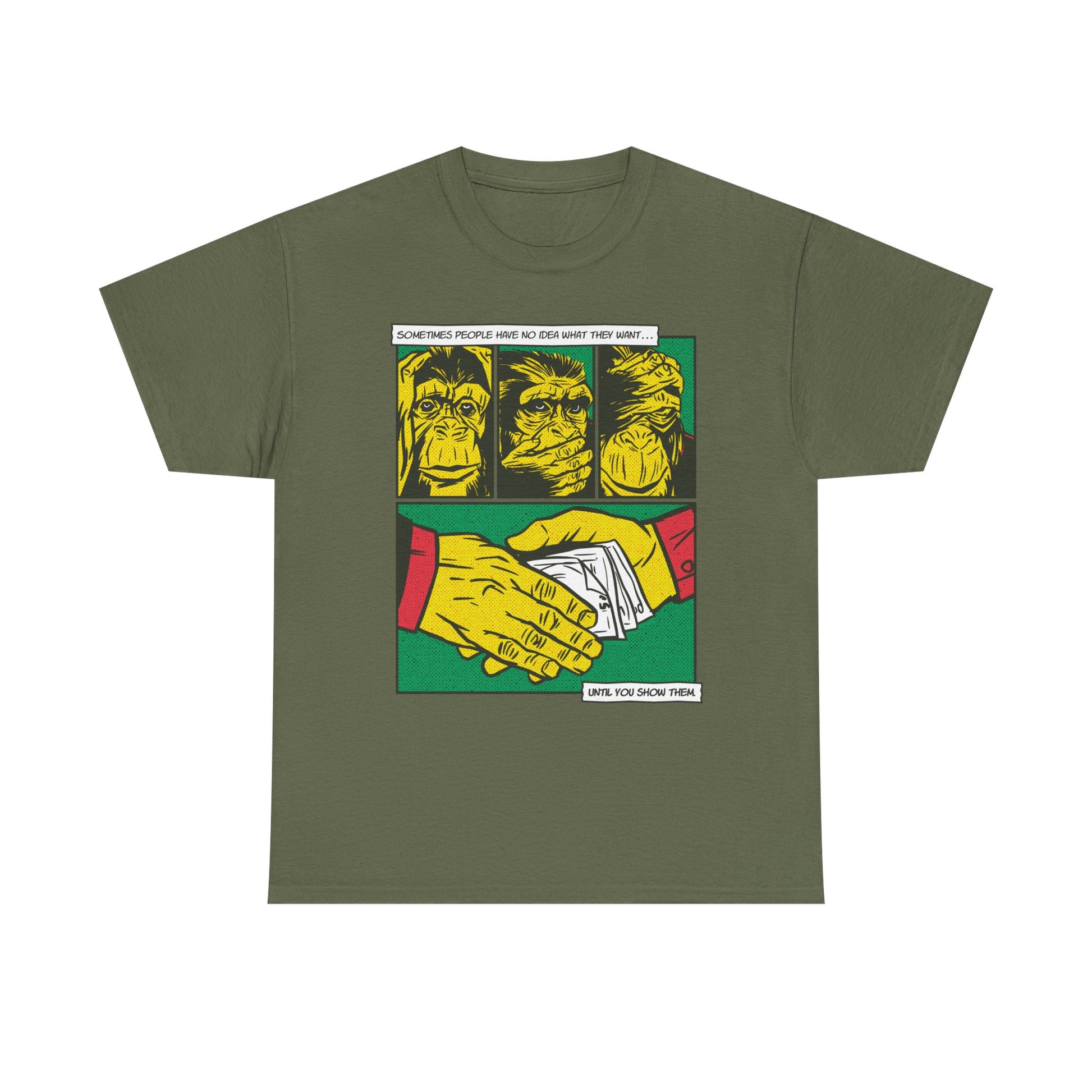Militärgrünes Unisex T-Shirt mit Front Print eines Comic-Mafia-Motivs der drei Affen
