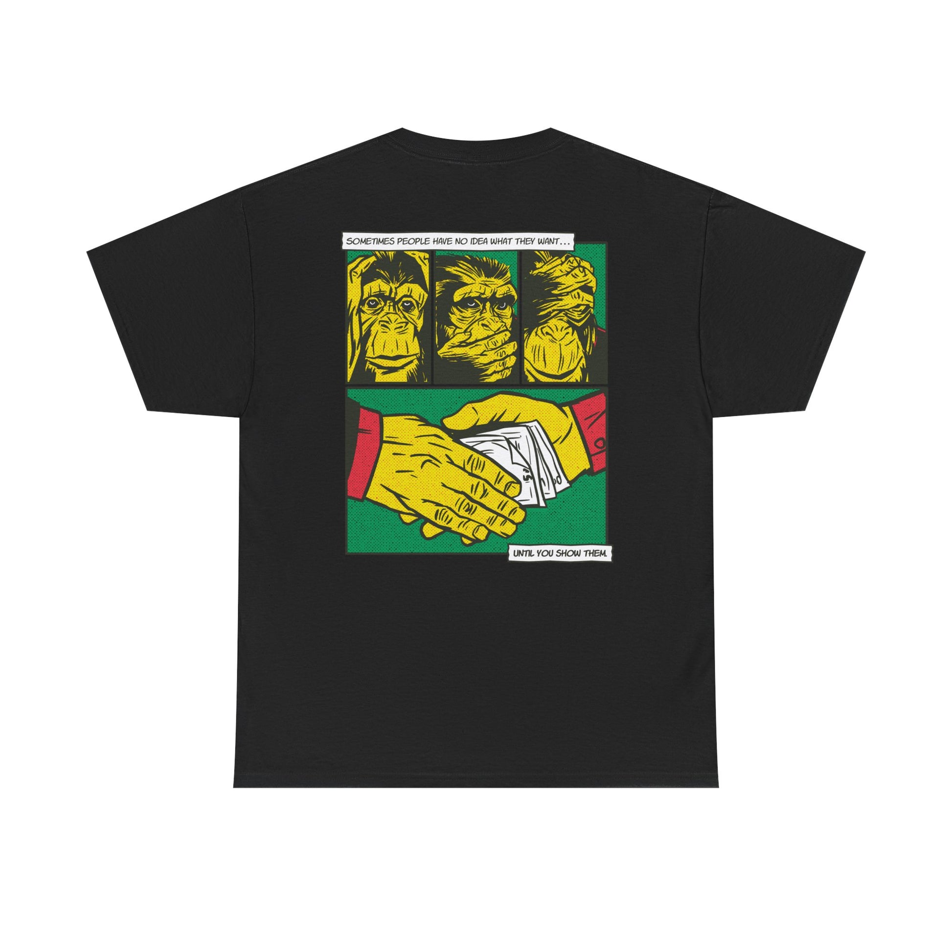 Schwarzes Unisex T-Shirt mit Back Print der drei Affen im Comic-Mafia-Street-Art-Stil