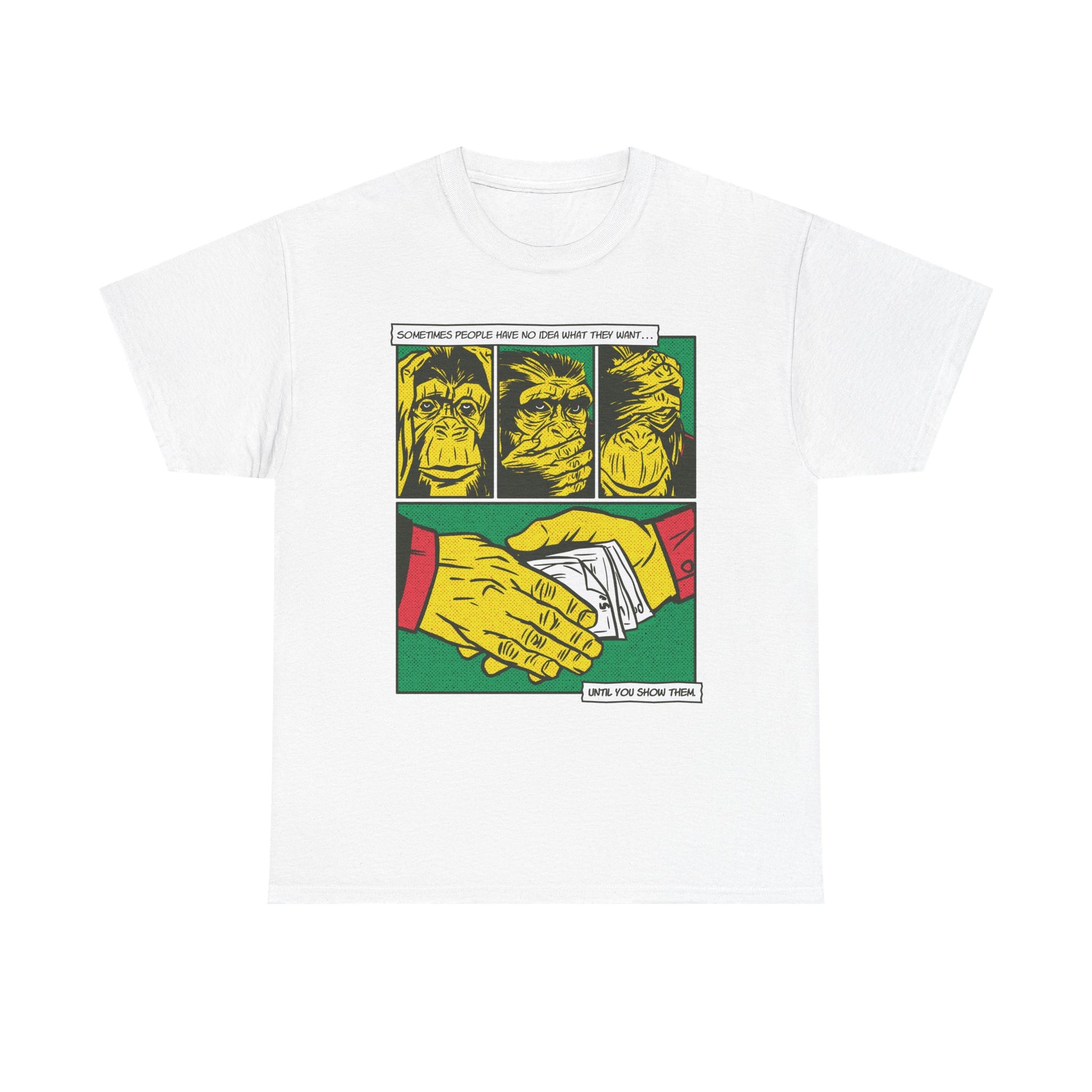 Weißes Unisex T-Shirt mit Front Print eines Comic-Mafia-Motivs der drei Affen