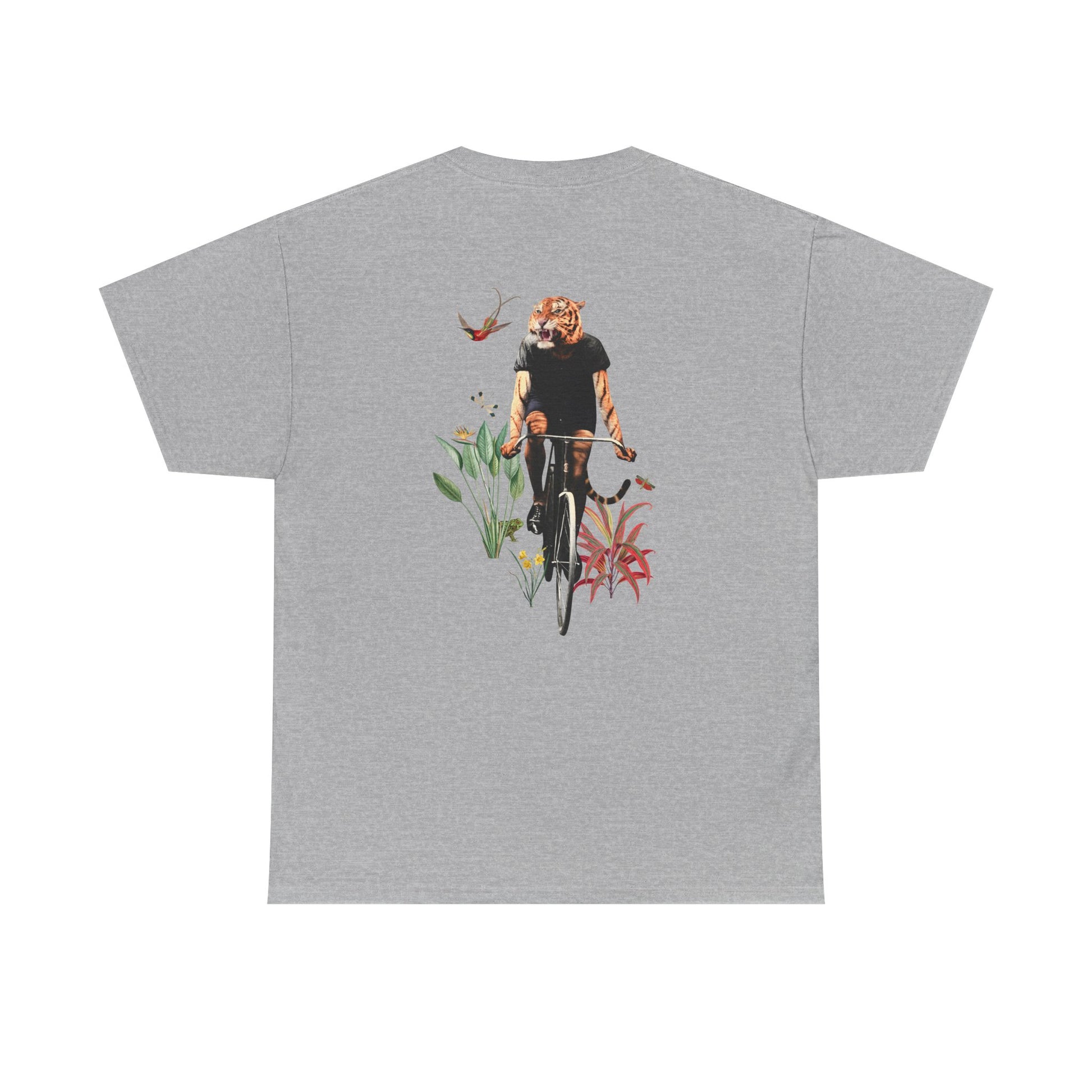 Graues T-Shirt mit Back Print einer Animal-Human-Collage mit Biker-Tiger Motiv