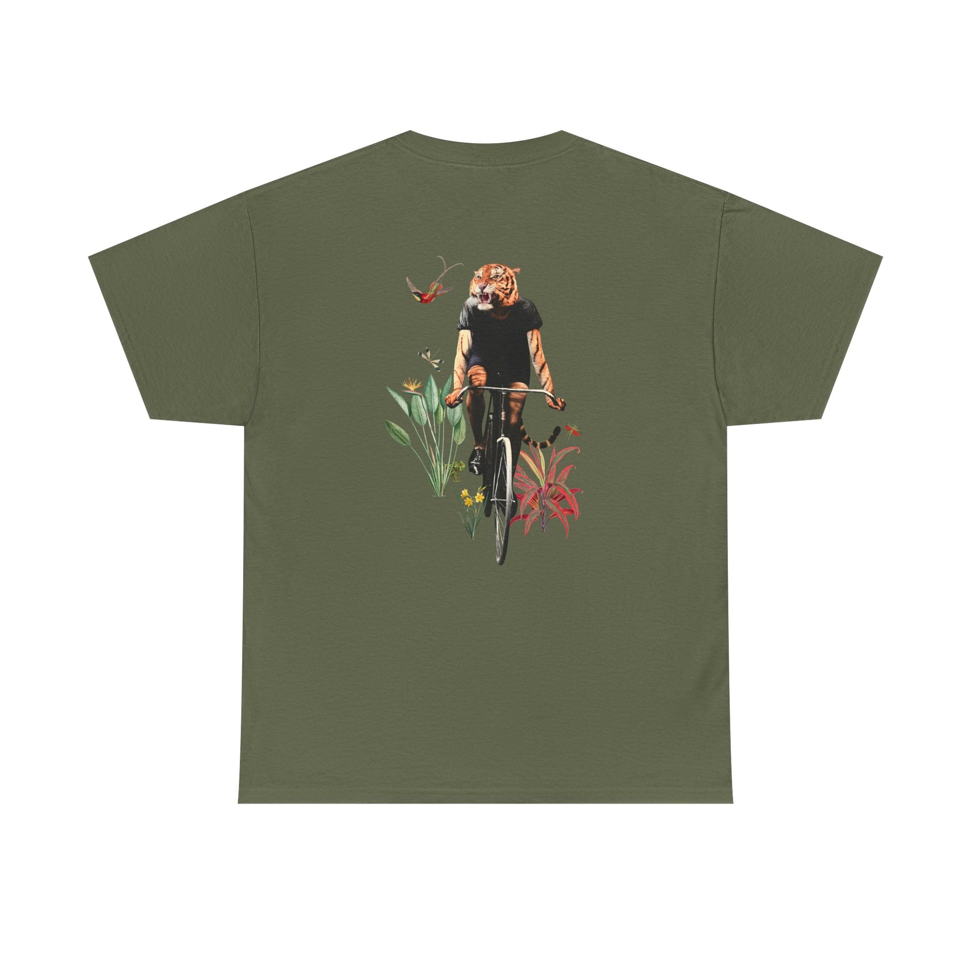 Militärgrünes T-Shirt mit Back Print einer Animal-Human-Collage mit Biker-Tiger Motiv