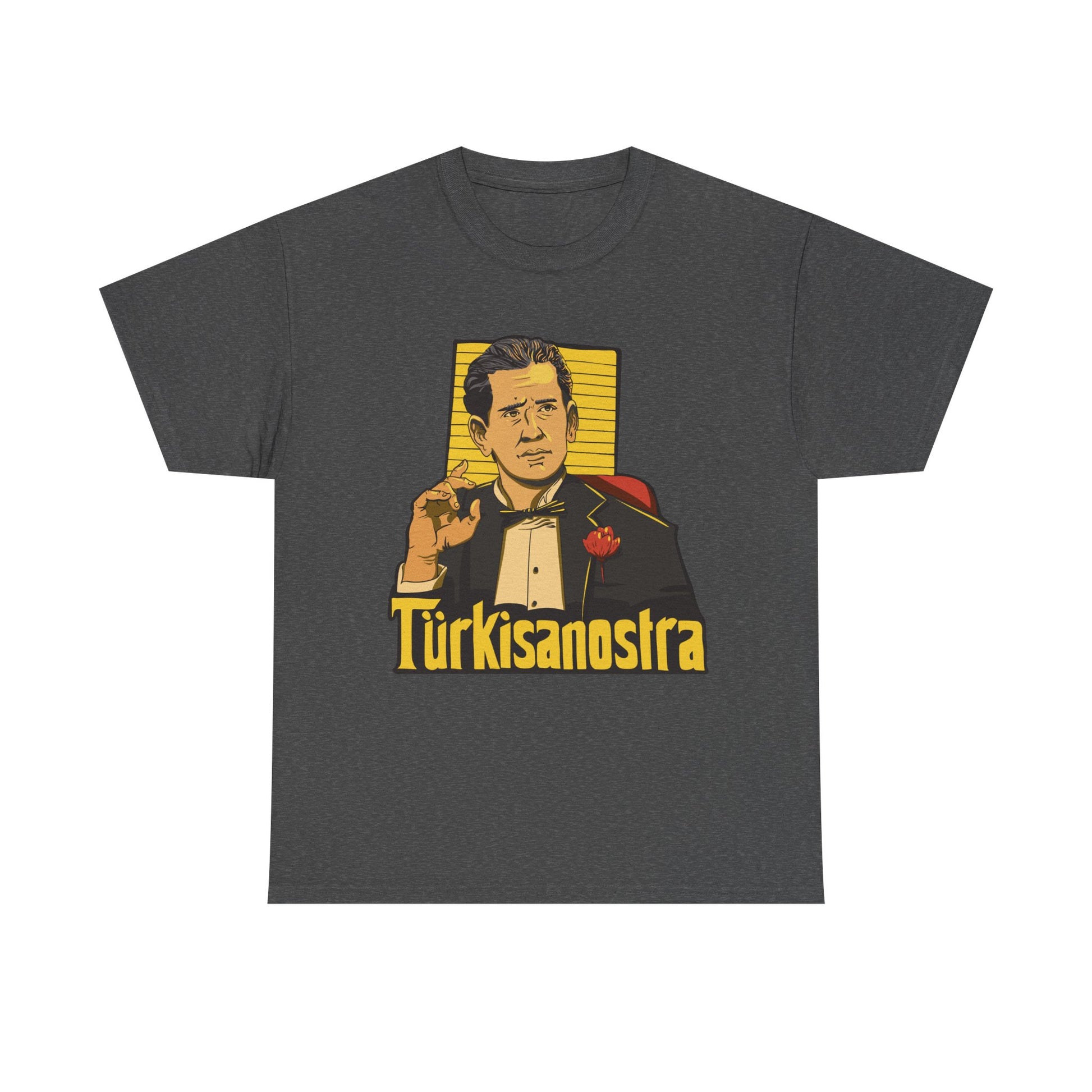 Dunkelgraues T Shirt mit satirischem Portrait eines Mafia Bosses mit Blume. Humorvolles Design inspiriert vom Kultfilm The Godfather.