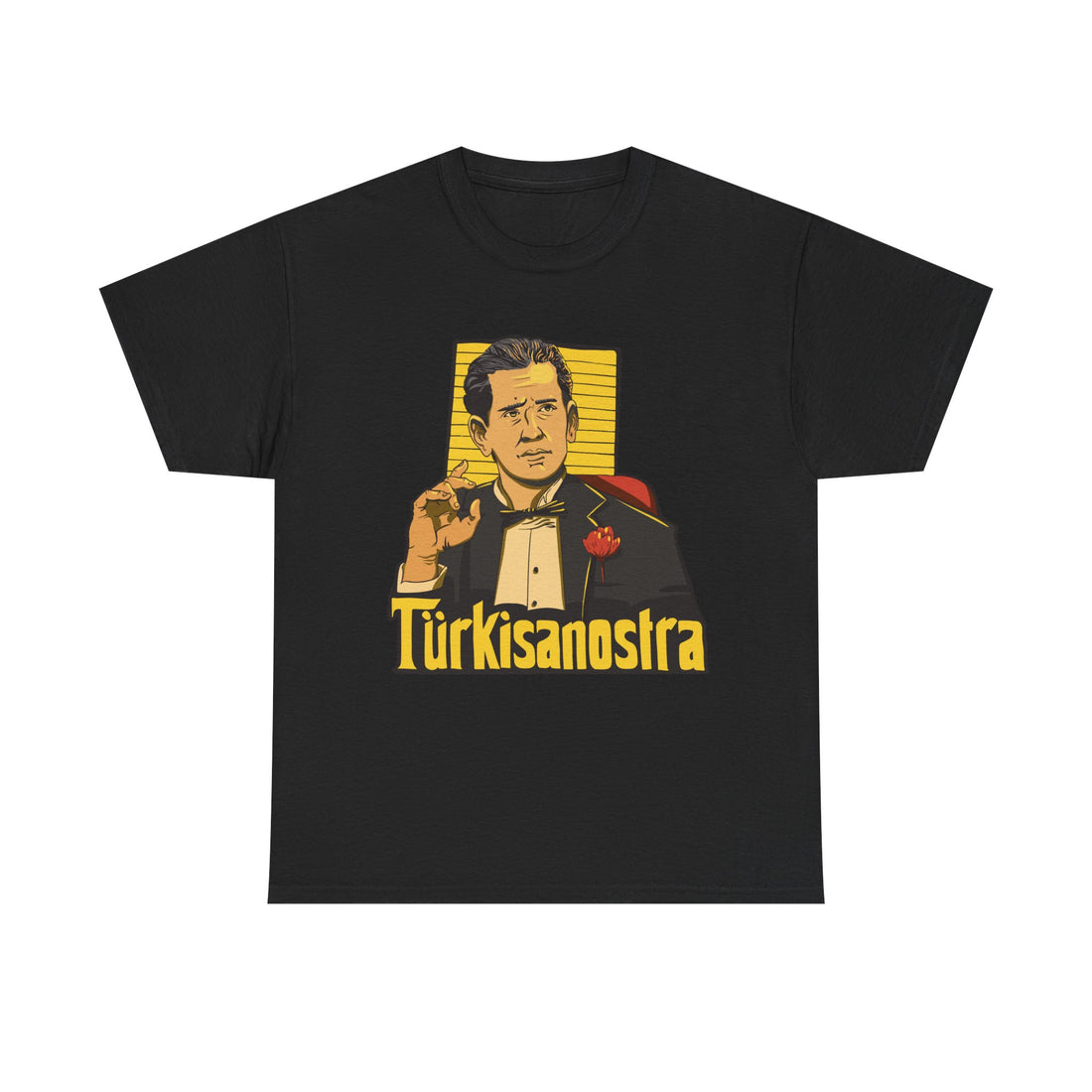 Schwarzes T Shirt mit satirischem Porträt eines Mannes im Mafia Stil. Parodie auf den Filmklassiker The Godfather.