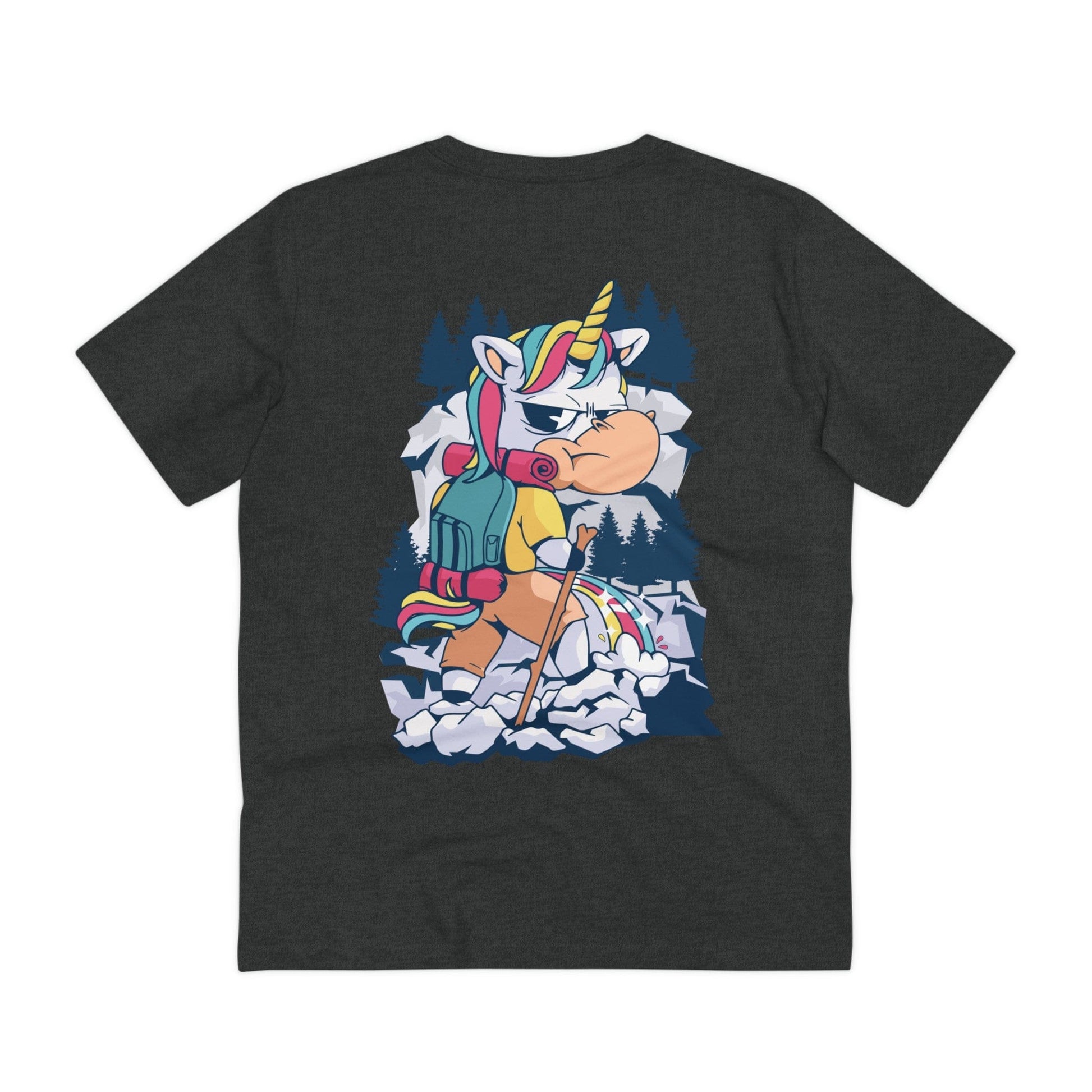 Printify T-Shirt Dark Heather Grey / 2XS Unicorn pee on Mountain - Unicorn World - Back Design