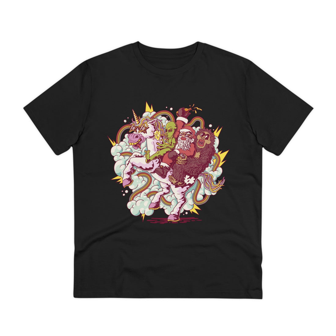 Printify T-Shirt Black / 2XS Unicorn Santa Alien Squatch Party - Unicorn World - Front Design