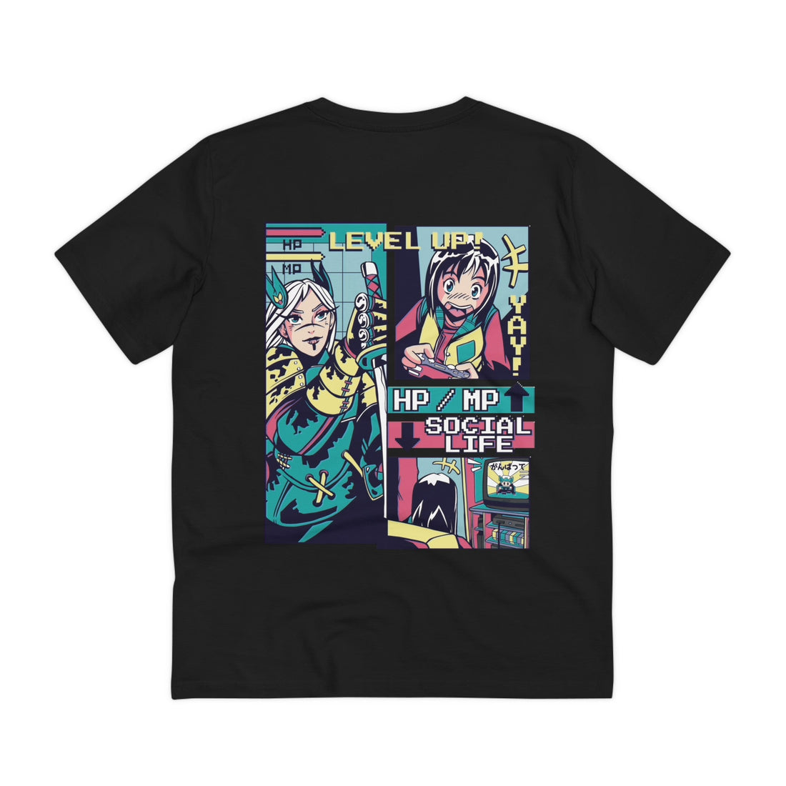 Printify T-Shirt Black / 2XS Video Game Level Up - Anime Vaporwave - Back Design