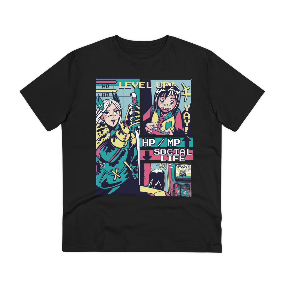Printify T-Shirt Black / 2XS Video Game Level Up - Anime Vaporwave - Front Design