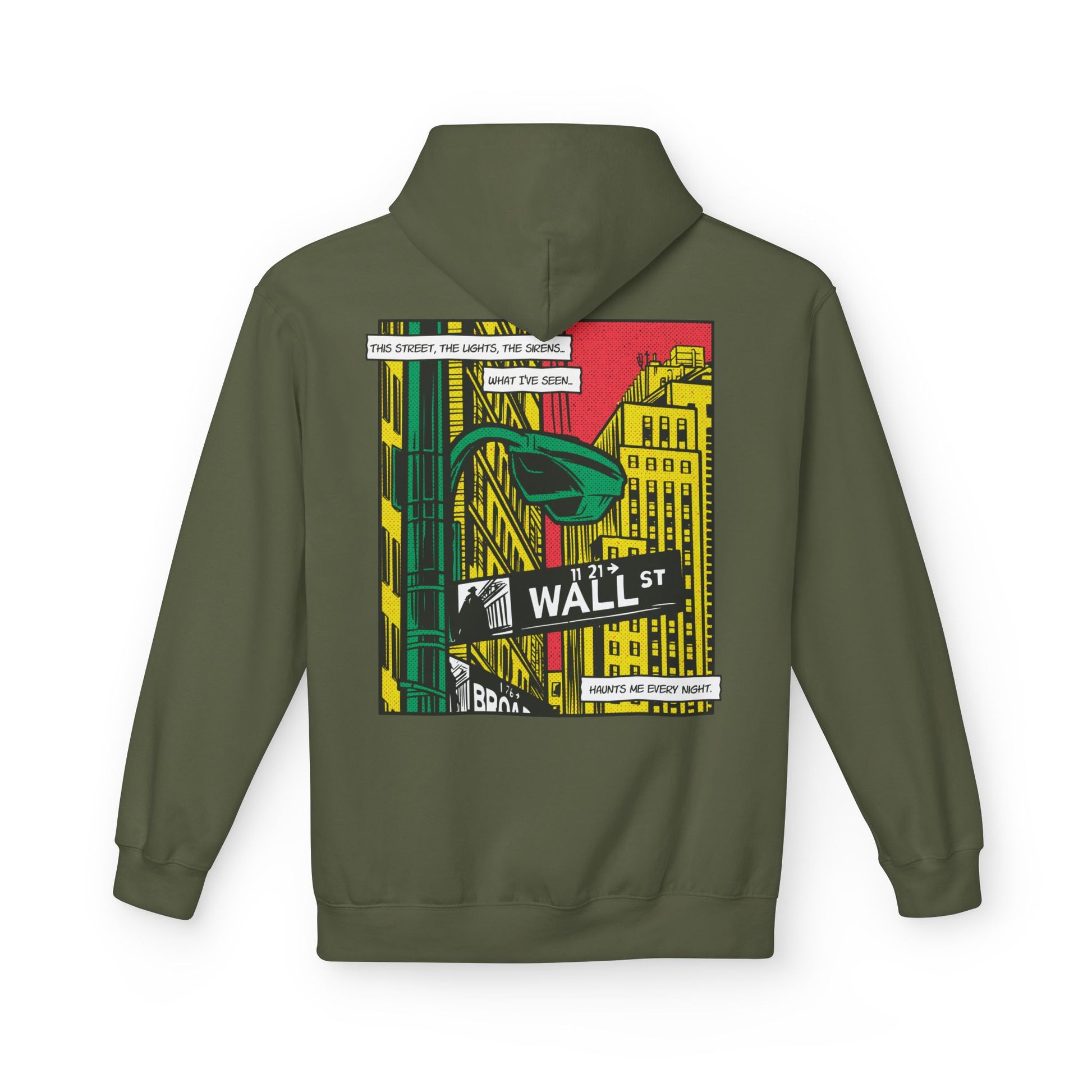Militärgrüner Unisex Hoodie mit Wall-Street Comic-Mafia Motiv als Back Print