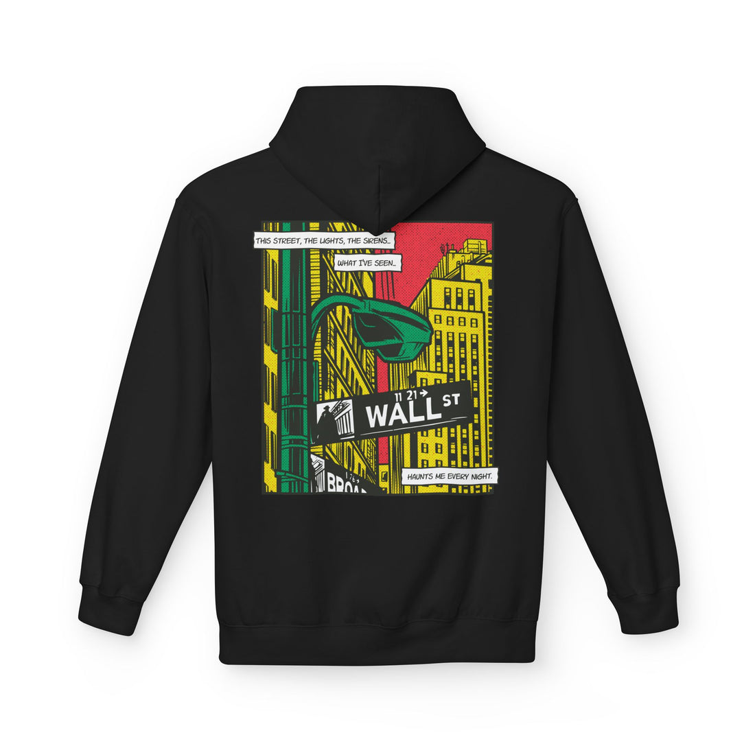 Schwarzer Unisex Hoodie mit großem Wall-Street Comic-Mafia Motiv als Back Print