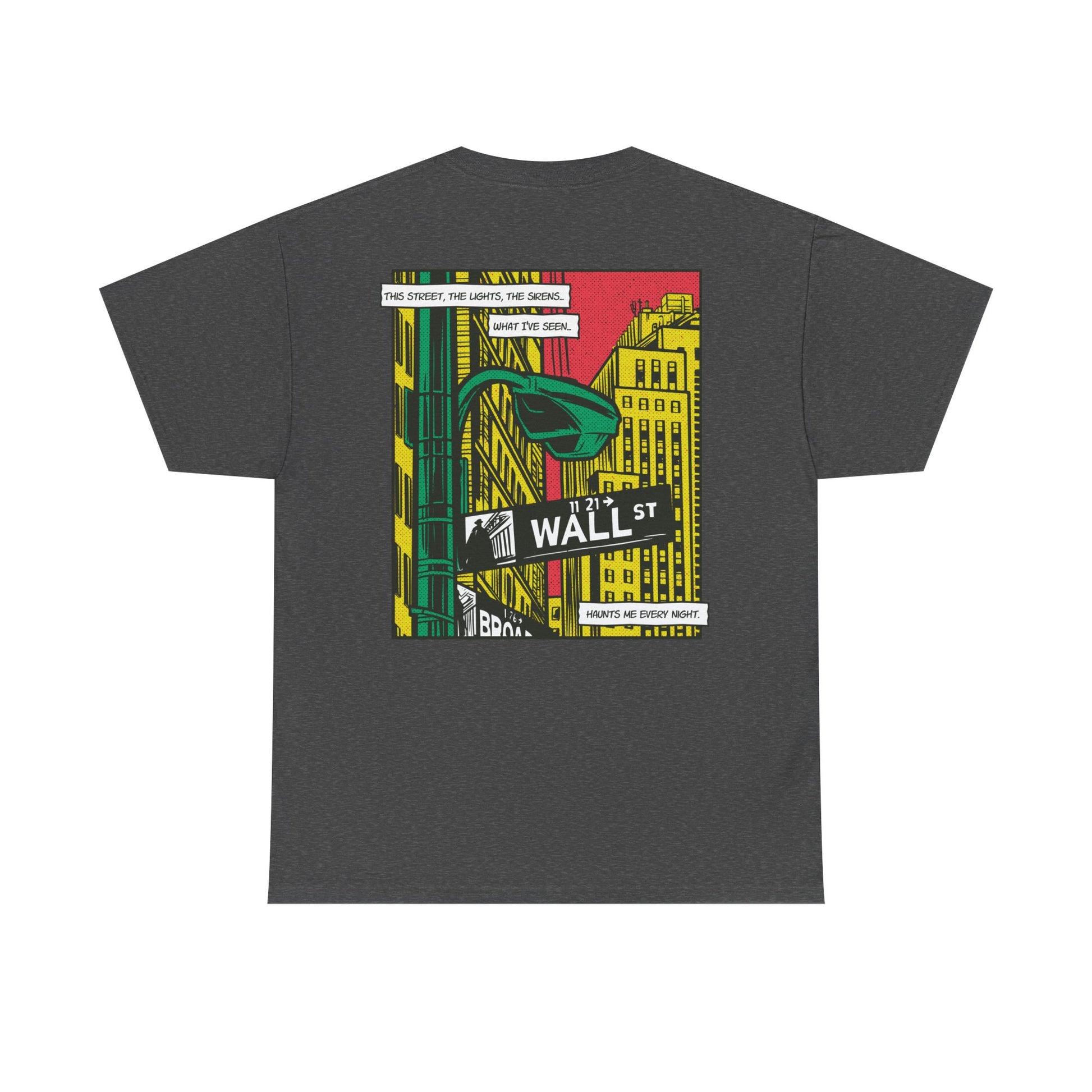 Dunkelgraues Unisex T-Shirt mit Back Print eines Comic-Mafia-Street-Art-Designs im Wall-Street-Stil