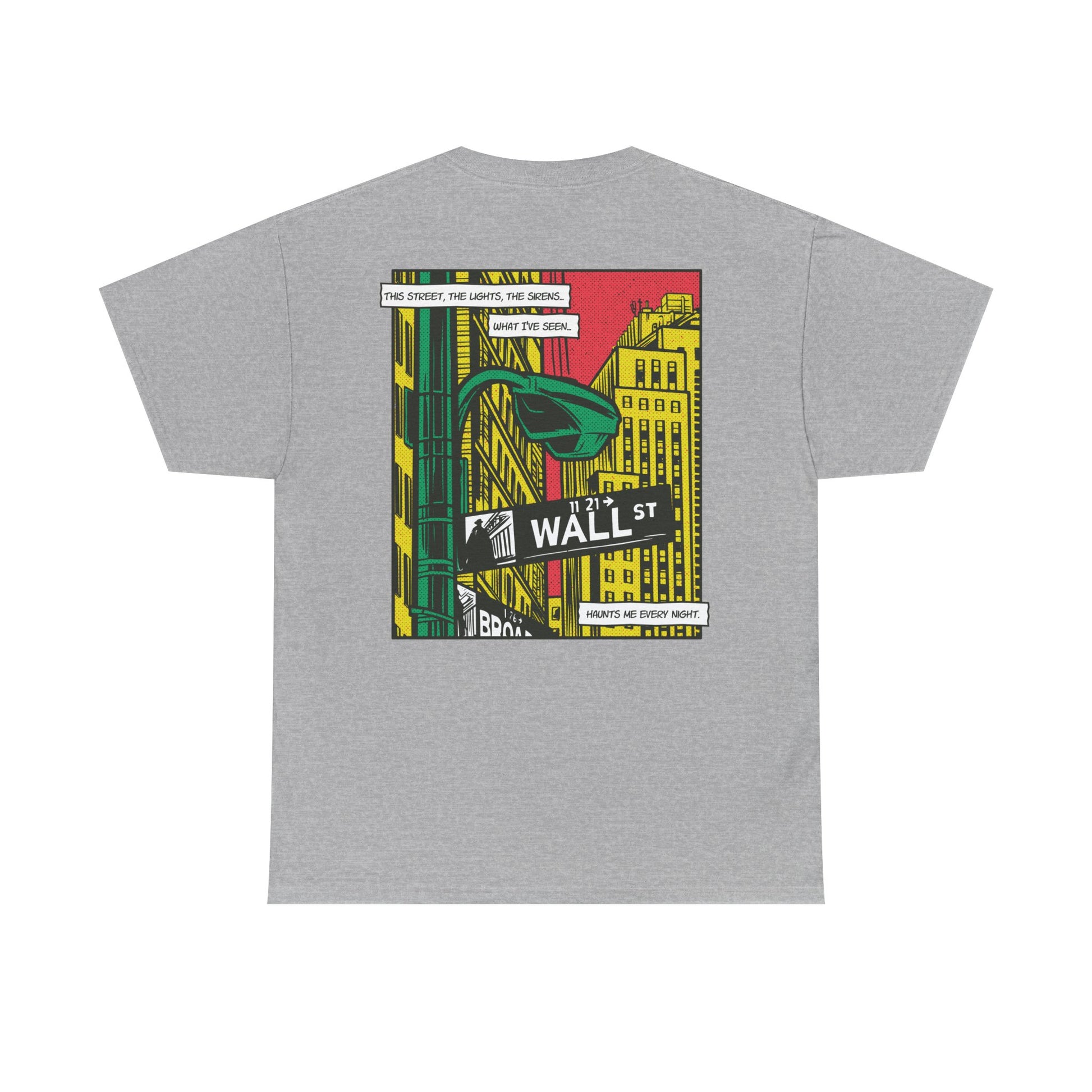 Graues Unisex T-Shirt mit Back Print eines Comic-Mafia-Street-Art-Designs im Wall-Street-Stil