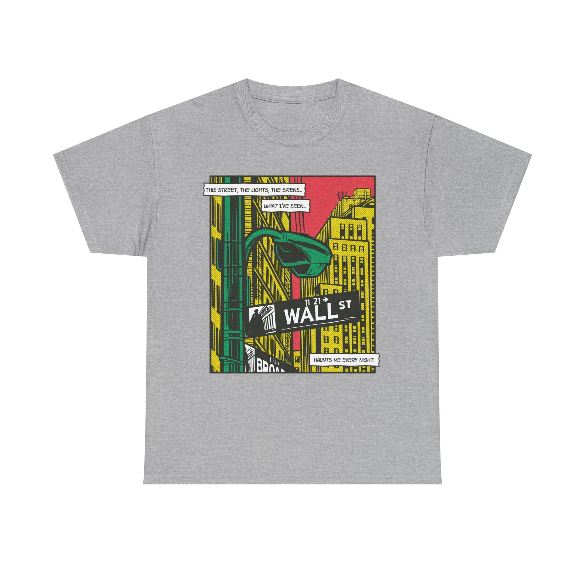 Graues Unisex T-Shirt mit Front Print eines Comic-Mafia-Wall-Street-Designs im Street-Art-Stil