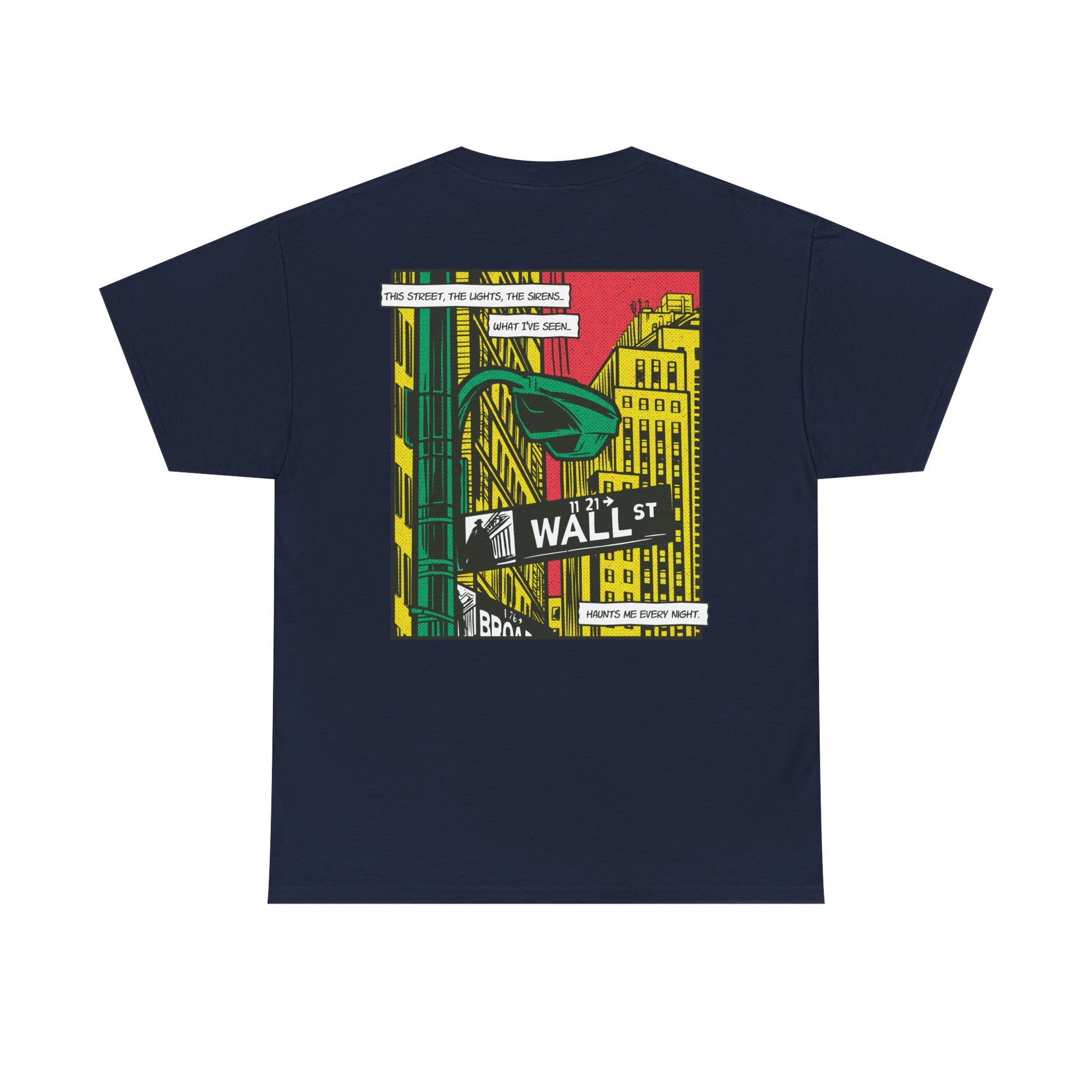 Marineblaues Unisex T-Shirt mit Back Print eines Comic-Mafia-Street-Art-Designs im Wall-Street-Stil