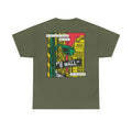 Militärgrünes Unisex T-Shirt mit Back Print eines Comic-Mafia-Street-Art-Designs im Wall-Street-Stil