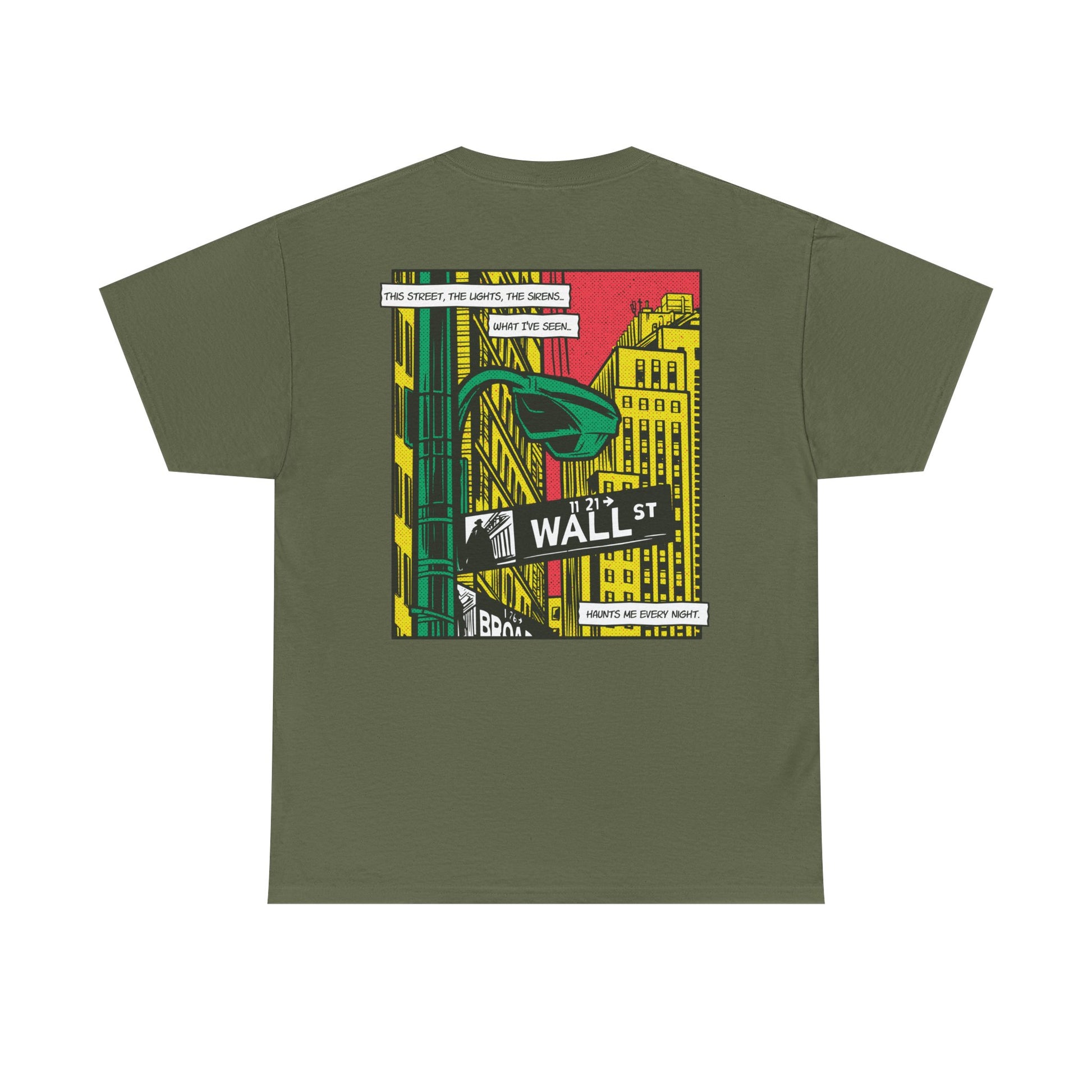 Militärgrünes Unisex T-Shirt mit Back Print eines Comic-Mafia-Street-Art-Designs im Wall-Street-Stil