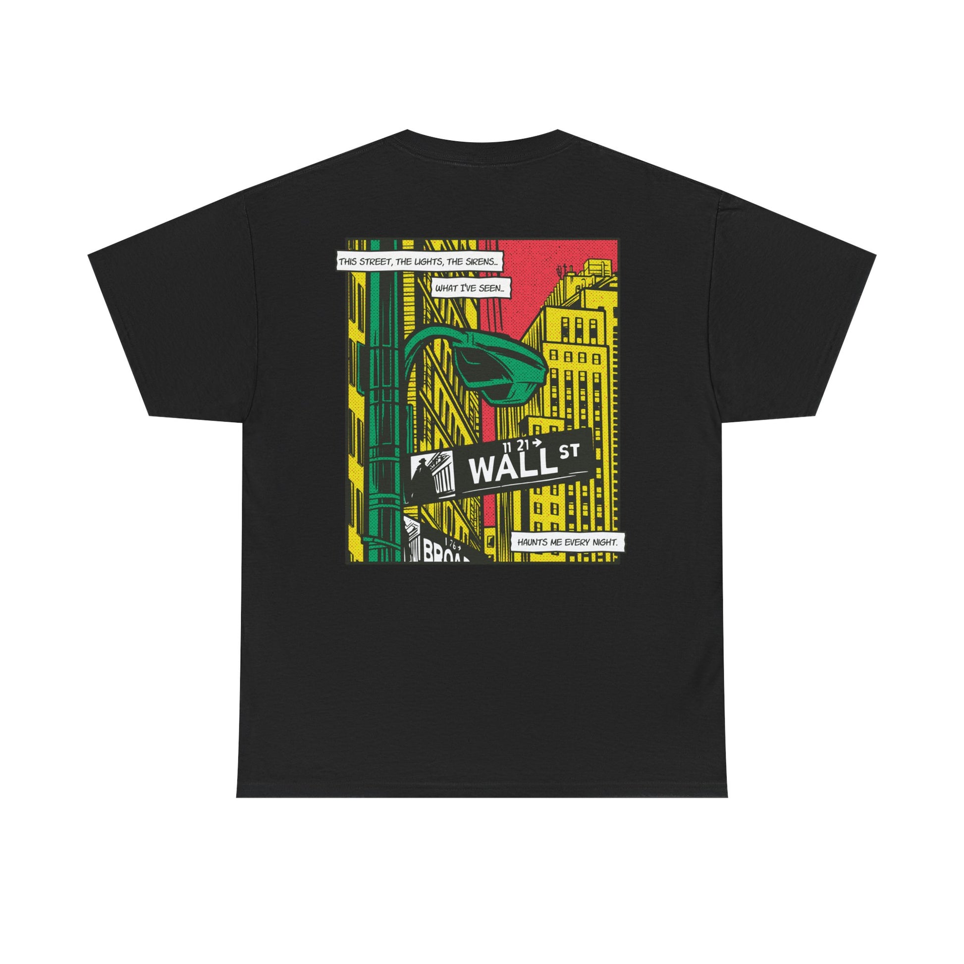 Schwarzes Unisex T-Shirt mit Back Print eines Comic-Mafia-Street-Art-Designs im Wall-Street-Stil