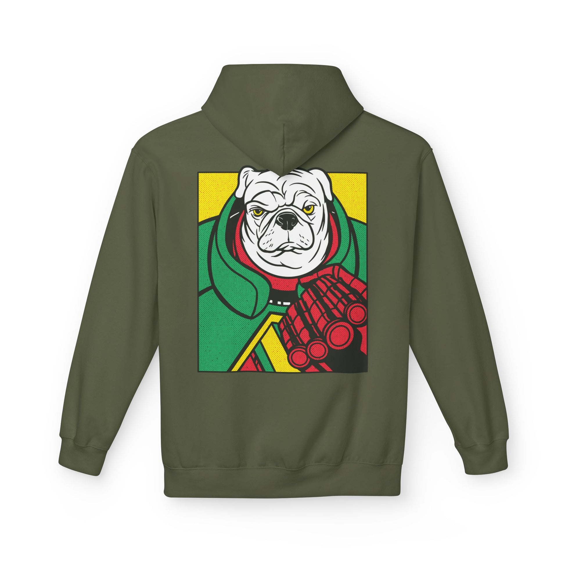 Militärgrüner Unisex Hoodie mit Back-Print eines weißen Mopses im Comic-Mafia-Stil