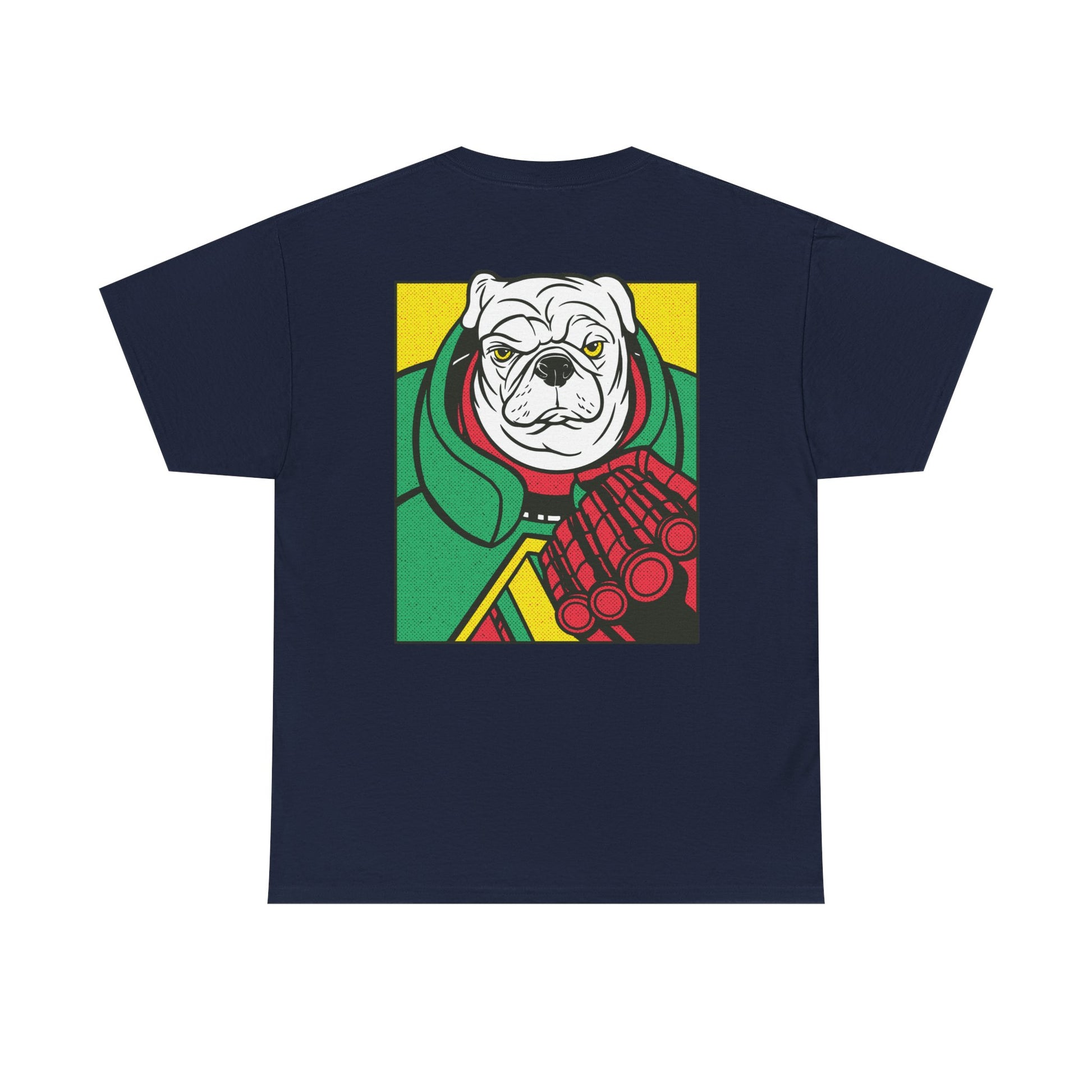 Marineblaues Unisex T-Shirt mit Back Print eines weißen Mopses im Comic-Mafia-Stil