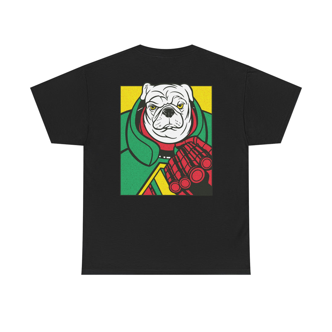 Schwarzes Unisex T-Shirt mit Back Print eines weißen Mopses im Comic-Mafia-Stil