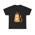 Lustiges schwarzes T-Shirt mit sarkastischer Hexenkatze – orangefarbene Cartoon-Katze mit grimmigem Blick, Hexenhut und Kaffeetasse. Perfekt als Halloween Shirt oder Geschenk für Katzenliebhaber mit Humor.