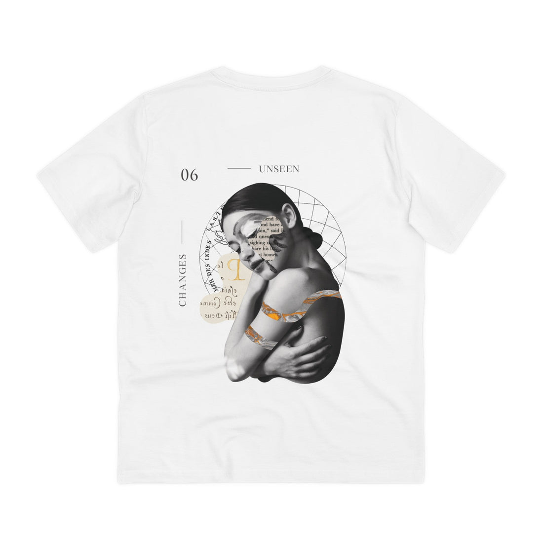 Printify T-Shirt White / 2XS Woman hugging herself - Modern Collage - Back Design