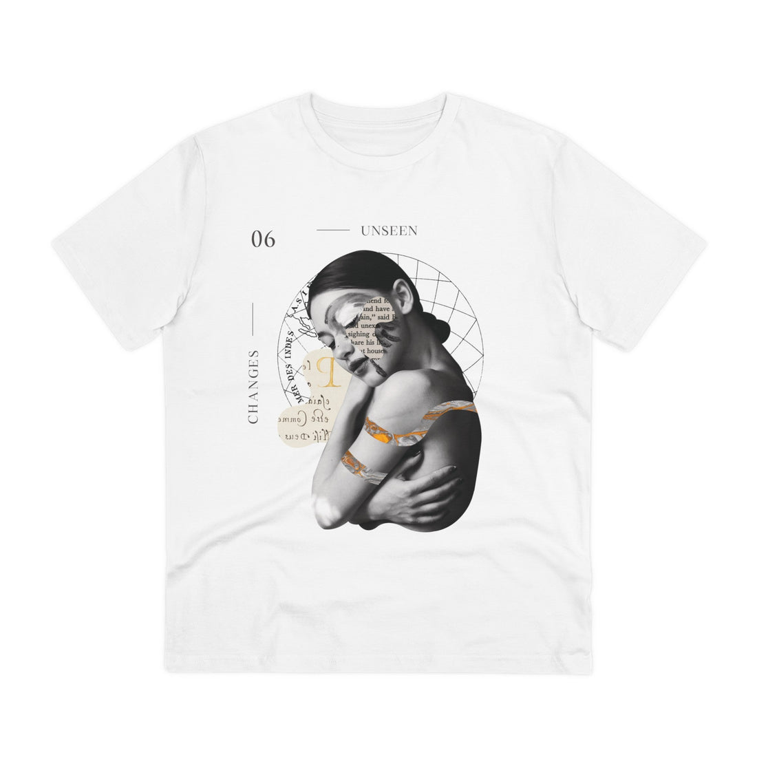 Printify T-Shirt White / 2XS Woman hugging herself - Modern Collage - Front Design