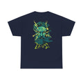 Marineblaues Unisex T-Shirt mit dynamischem Back-Print des Zeus-Kopfs mit gelben Blitzen und struppigem Bart im Comicstil