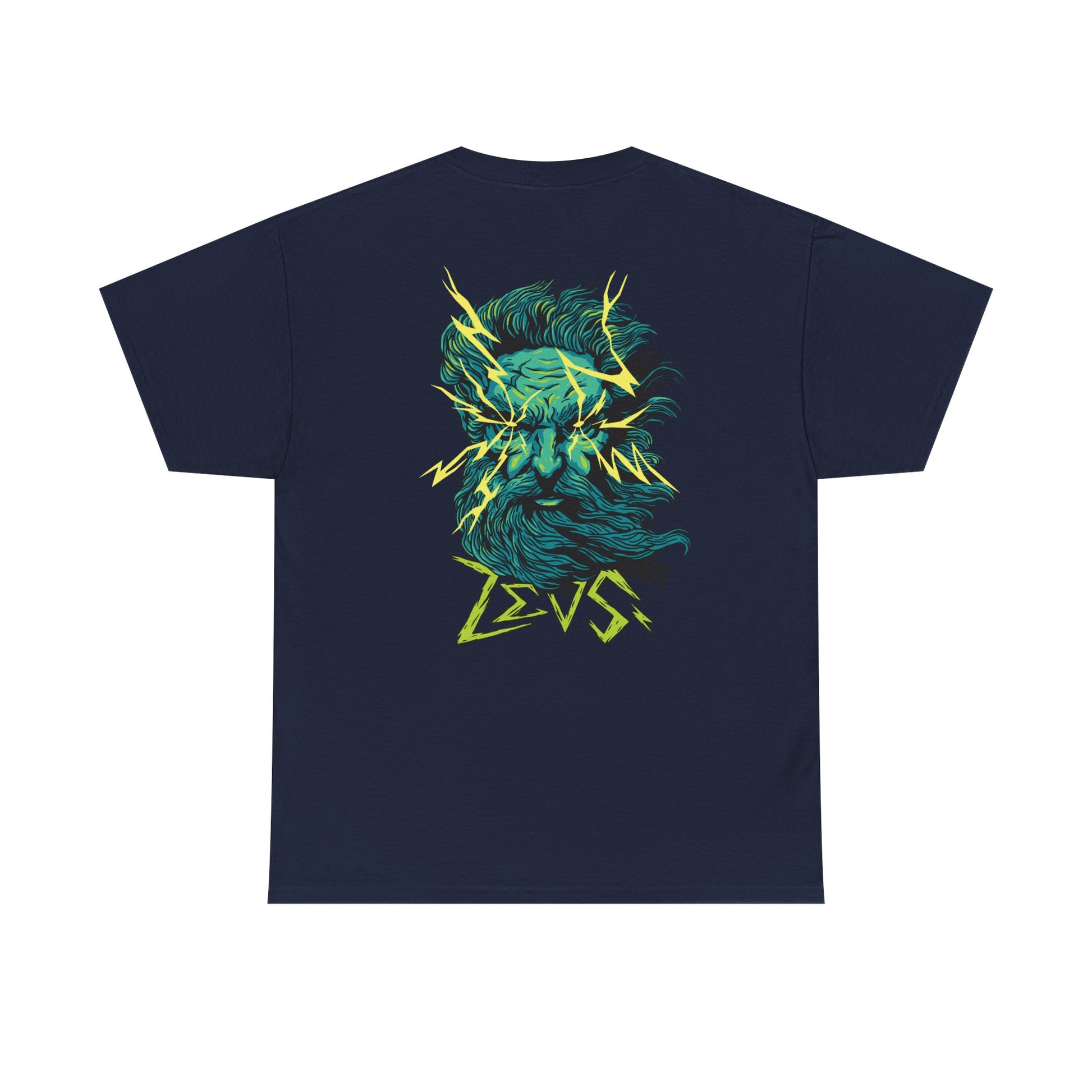 Marineblaues Unisex T-Shirt mit dynamischem Back-Print des Zeus-Kopfs mit gelben Blitzen und struppigem Bart im Comicstil