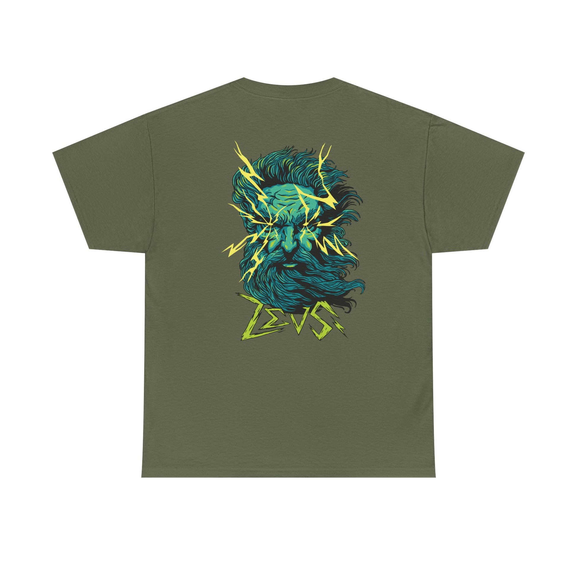 Militärgrünes Unisex T-Shirt mit Back-Print von Zeus mit Blitzen und langem Bart – inspiriert von der griechischen Götterwelt im Comicstil