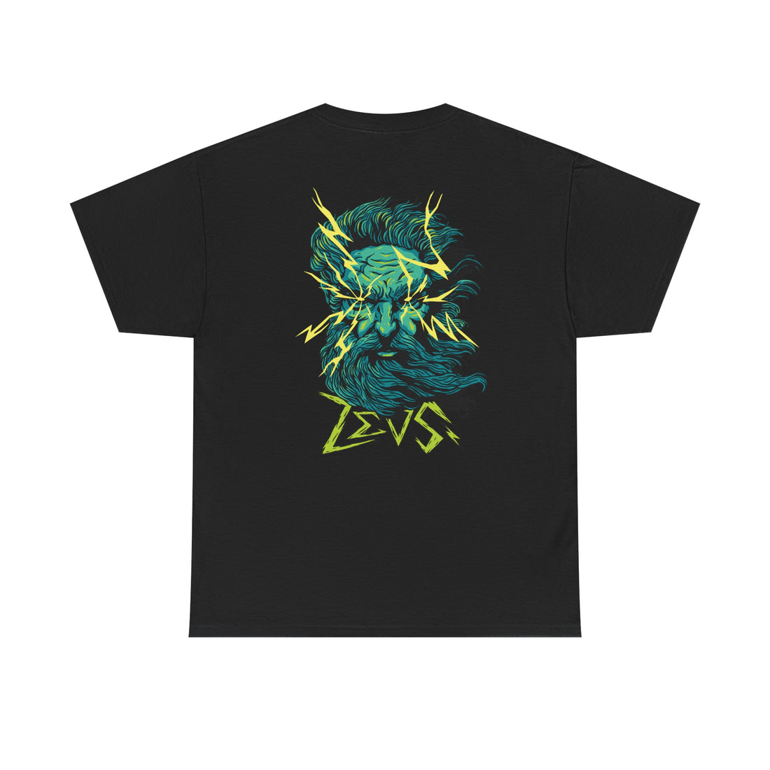 Schwarzes Unisex T-Shirt mit Back-Print eines comicartigen Zeus-Gesichts mit Blitzen und wildem Bart – inspiriert von griechischer Mythologie